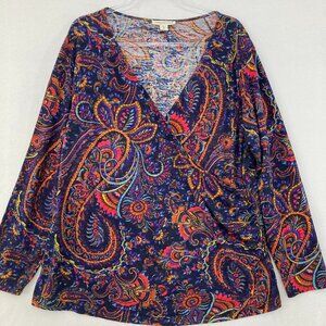 Coldwater Creek Wrap Top size 1X Multi Color Artsy Paisley Stretch Boho Festival